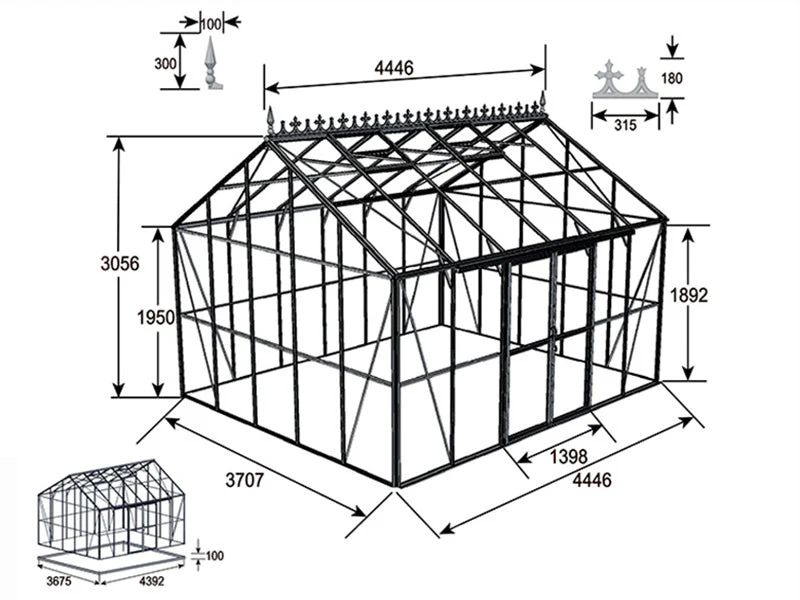 Orangeri, växthus i glas 16,5m², 4,45x3,71x3,16m m/Bas och takdekoration, Svart - Image 12