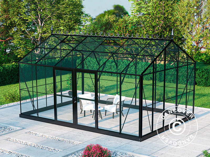 Orangeri, växthus i glas 16,5m², 4,45x3,71x3,16m m/Bas och takdekoration, Svart - Image 2