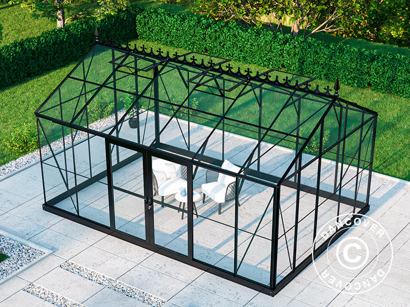 Orangeri, växthus i glas 16,5m², 4,45x3,71x3,16m m/Bas och takdekoration, Svart - Image 3