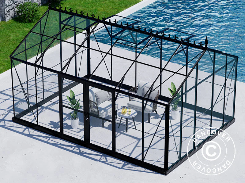 Orangeri, växthus i glas 16,5m², 4,45x3,71x3,16m m/Bas och takdekoration, Svart - Image 5