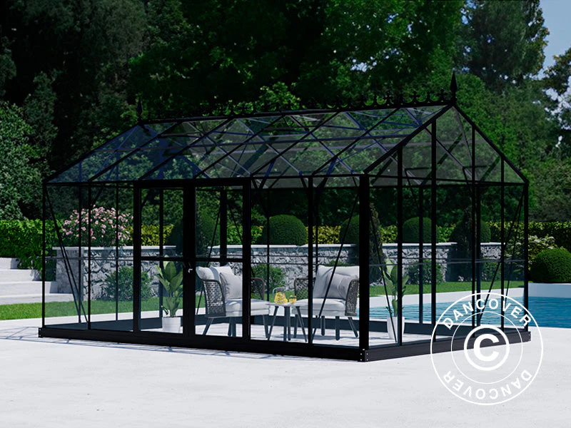 Orangeri, växthus i glas 16,5m², 4,45x3,71x3,16m m/Bas och takdekoration, Svart - Image 8