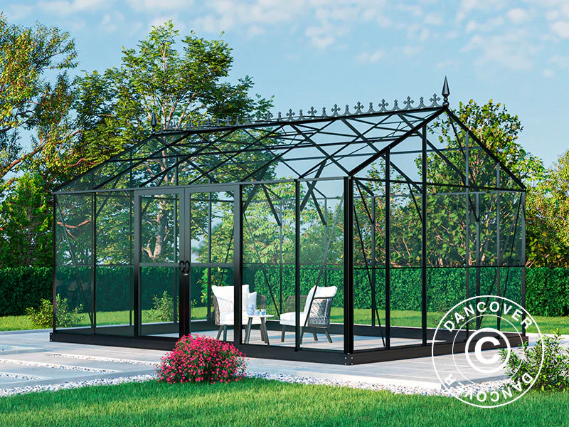 Orangeri, växthus i glas 16,5m², 4,45x3,71x3,16m m/Bas och takdekoration, Svart - Image 9