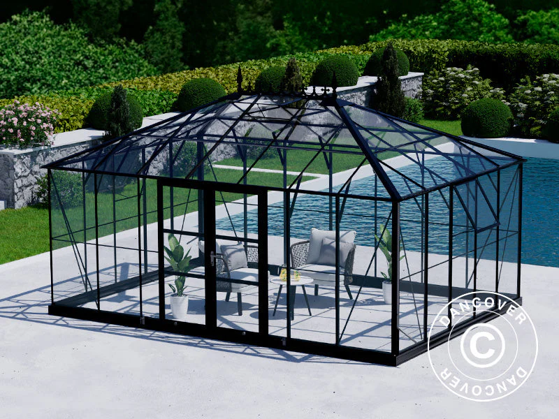 Orangeri, växthus i glas 19m², 5,14x3,71x3,15m m/Bas och takdekoration, Svart - Image 10