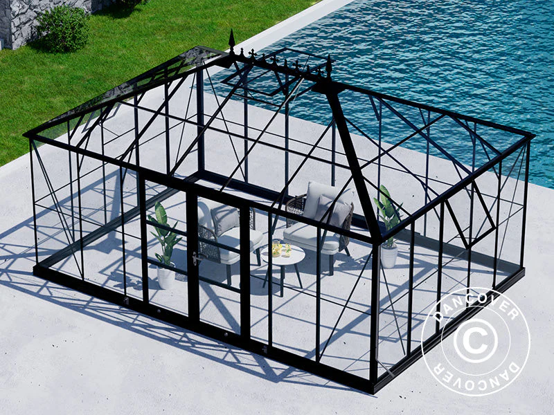 Orangeri, växthus i glas 19m², 5,14x3,71x3,15m m/Bas och takdekoration, Svart - Image 11