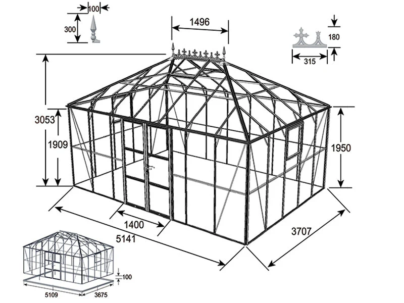 Orangeri, växthus i glas 19m², 5,14x3,71x3,15m m/Bas och takdekoration, Svart - Image 12