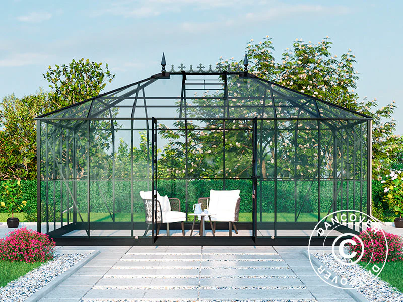 Orangeri, växthus i glas 19m², 5,14x3,71x3,15m m/Bas och takdekoration, Svart - Image 3