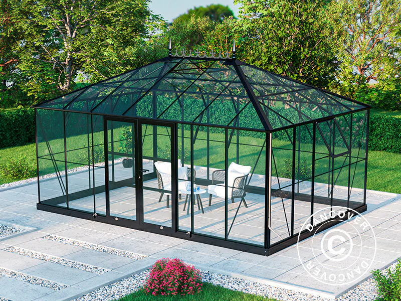 Orangeri, växthus i glas 19m², 5,14x3,71x3,15m m/Bas och takdekoration, Svart - Image 4
