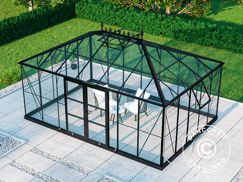 Orangeri, växthus i glas 19m², 5,14x3,71x3,15m m/Bas och takdekoration, Svart - Image 6