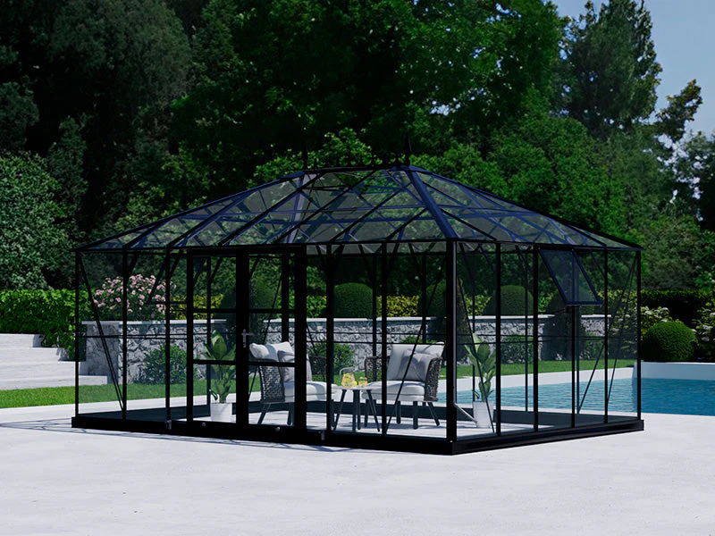 Orangeri, växthus i glas 19m², 5,14x3,71x3,15m m/Bas och takdekoration, Svart - Image 7