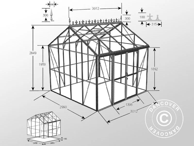 Orangeri, växthus i glas 8,9m², 3,01x2,99x2,95m med bas och takdekoration, Svart - Image 9