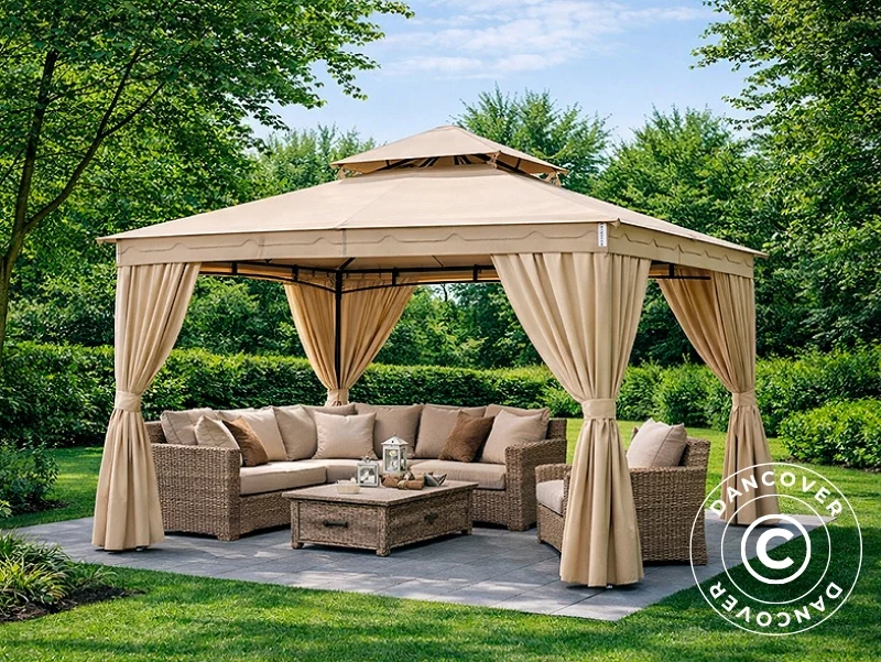 Paviljong Horus med gardiner, 3,4x3,4m, Beige - Image 4