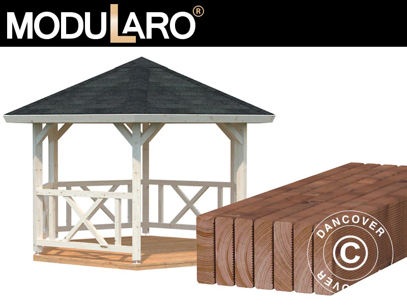 Paviljong i trä med trägolv, 3,37x3,37x3,13m, 9,9m², Naturlig