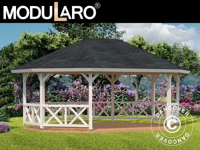 Paviljong i trä med trägolv, 4,67x6,17x3,62m, 25m², Naturlig