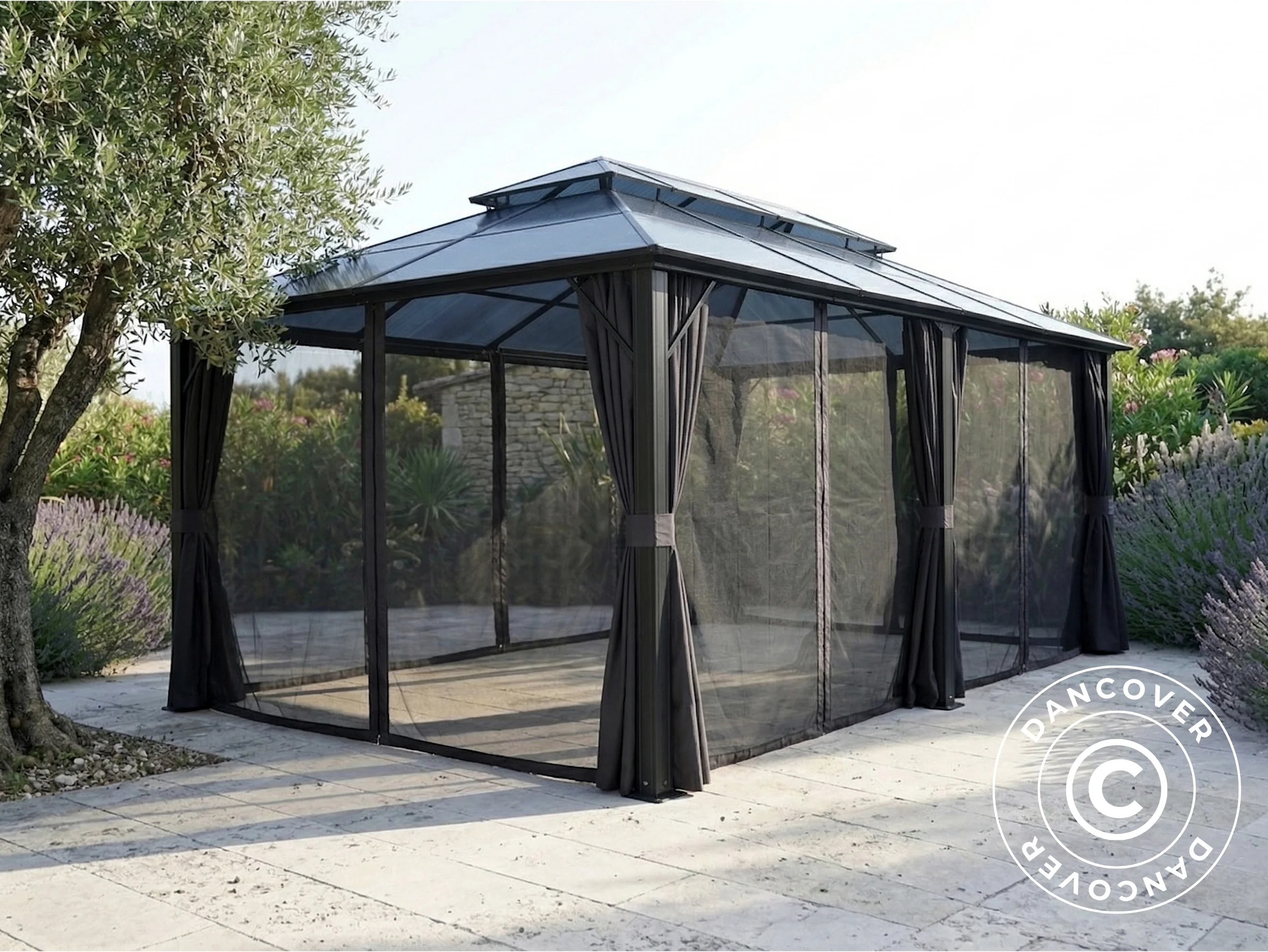 Paviljong Santa Ana Steel+ med gardiner och myggnät, 3,65x6m, Svart - Image 6