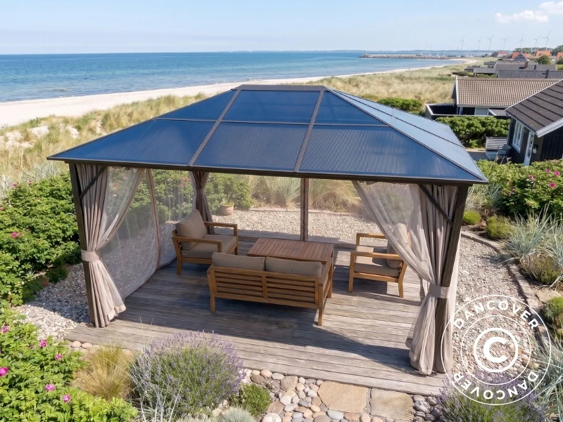 Paviljong Santa Barbara Steel+ med gardiner och myggnät, 3x4m, Brun - Image 3