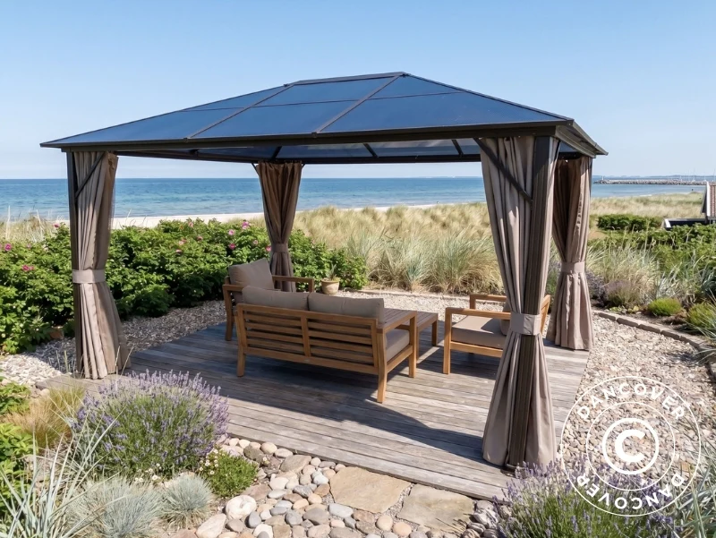 Paviljong Santa Barbara Steel+ med gardiner och myggnät, 3x4m, Brun - Image 6