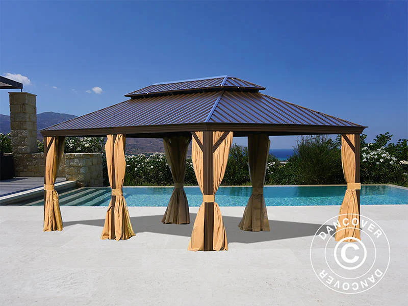 Paviljong Santa Fe Alu+ med gardiner och myggnät, 3,65x6m, Brun - Image 5