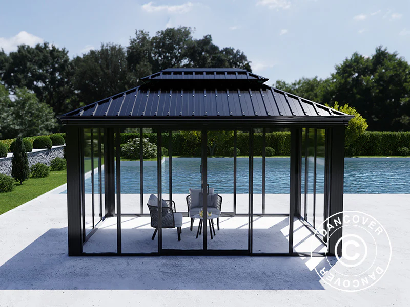 Paviljong Santa Fe Alu+ med sidoväggar och skjutdörrar, 3x4,25m, Svart - Image 3