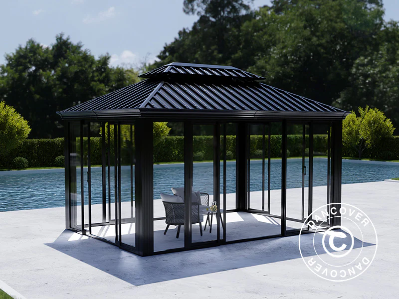 Paviljong Santa Fe Alu+ med sidoväggar och skjutdörrar, 3x4,25m, Svart - Image 5