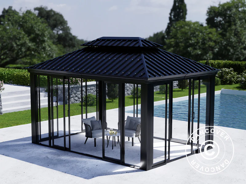 Paviljong Santa Fe Alu+ med sidoväggar och skjutdörrar, 3x4,25m, Svart - Image 6
