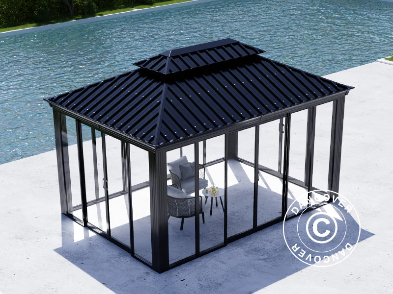 Paviljong Santa Fe Alu+ med sidoväggar och skjutdörrar, 3x4,25m, Svart - Image 7