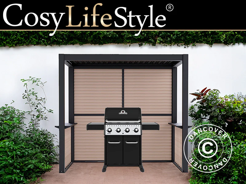 Pergola San Juan för grill, med lamellväggar och sidor, 2,5x1,5x2,3m, Svart/Trälook
