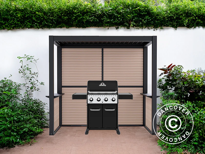 Pergola San Juan för grill, med lamellväggar och sidor, 2,5x1,5x2,3m, Svart/Trälook - Image 2