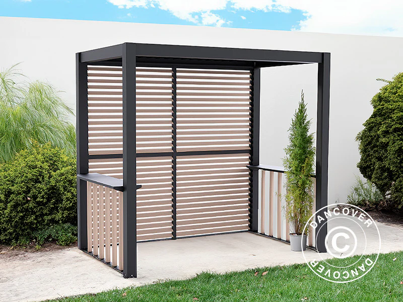 Pergola San Juan för grill, med lamellväggar och sidor, 2,5x1,5x2,3m, Svart/Trälook - Image 4