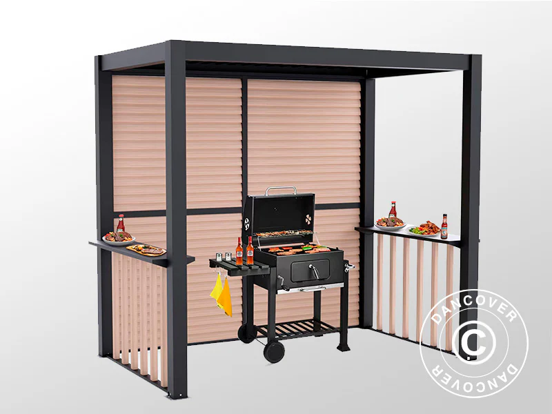 Pergola San Juan för grill, med lamellväggar och sidor, 2,5x1,5x2,3m, Svart/Trälook - Image 6