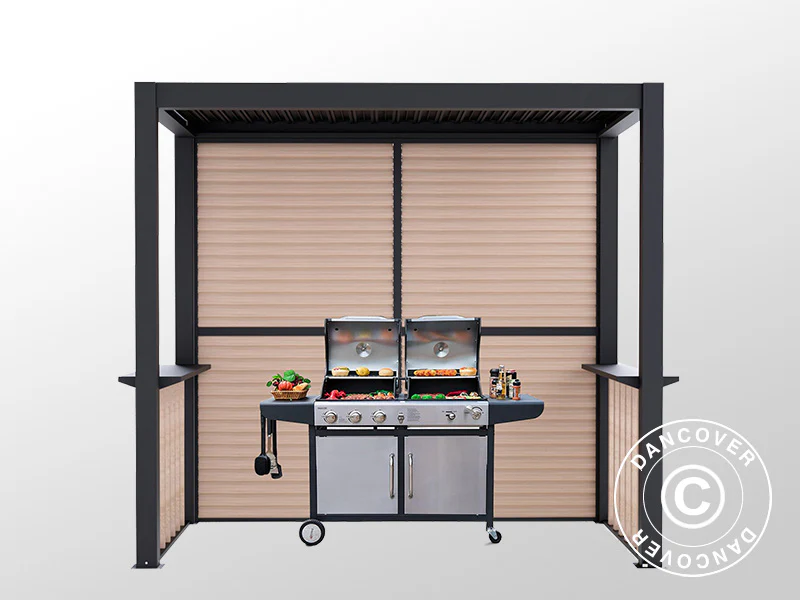 Pergola San Juan för grill, med lamellväggar och sidor, 2,5x1,5x2,3m, Svart/Trälook - Image 8