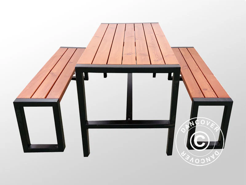 Picknickbord med 2 bänkar, 166x70cm/150x30cm, Mörkt trä/Svart - Image 3