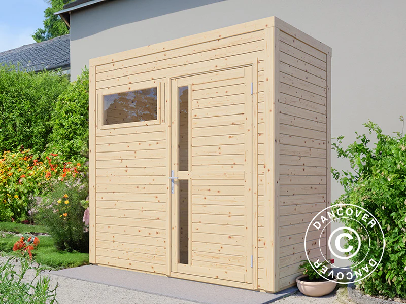 Redskapsbod i trä, Bertilo Cubus 1, 2,34x1,15x2,32m, 2,7m², Naturlig
