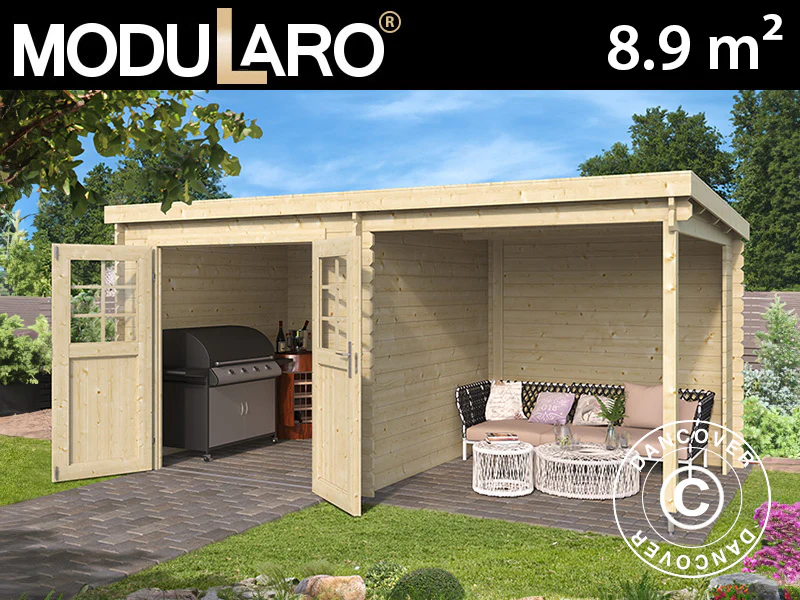 Redskapsbod i trä Lahti med överhäng 4,24x2,2x2m, 28mm, 8,9m², Naturell