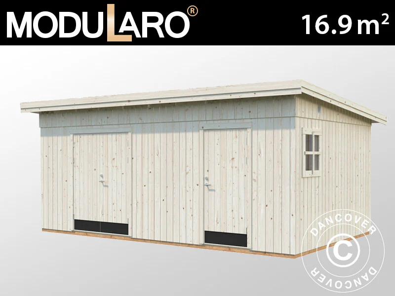 Redskapsbod i trä med golv, 5,61x3,3x2,59m, 16,9m², Naturlig