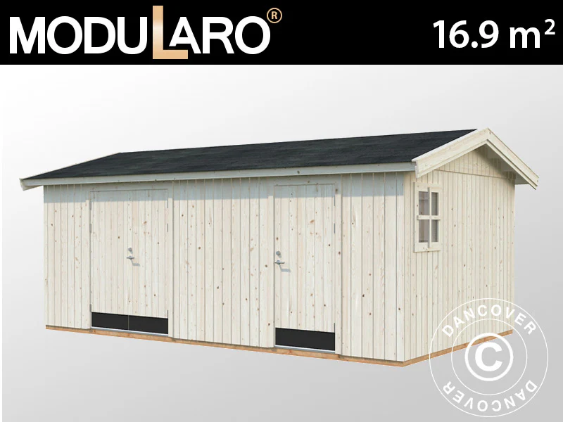 Redskapsbod i trä med golv, 5,61x3,3x2,61m, 16,9m², Naturlig