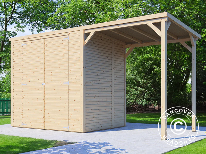Redskapsbod i trä med överhäng, Bertilo Cubico 2Plus, 3,73x1,57x2,08m, 2,43m² + 3,37m², Naturlig - Image 2