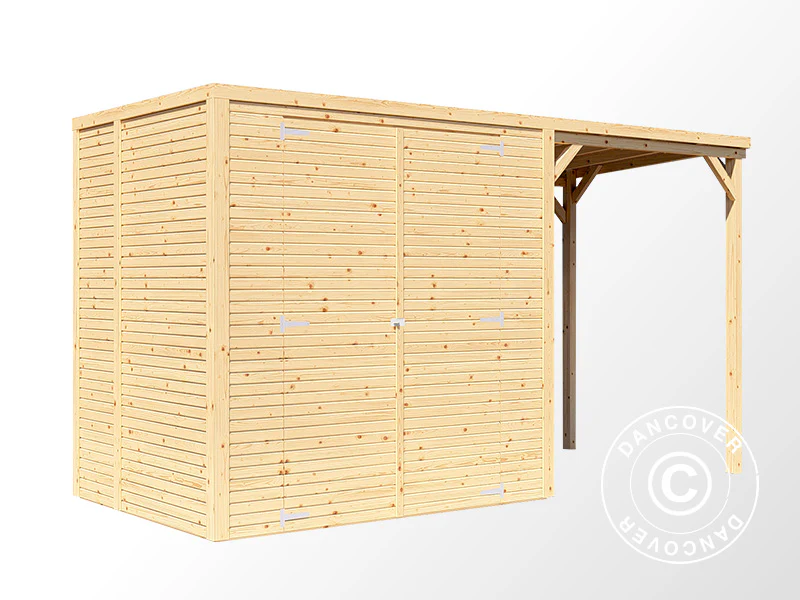 Redskapsbod i trä med överhäng, Bertilo Cubico 2Plus, 3,73x1,57x2,08m, 2,43m² + 3,37m², Naturlig - Image 3