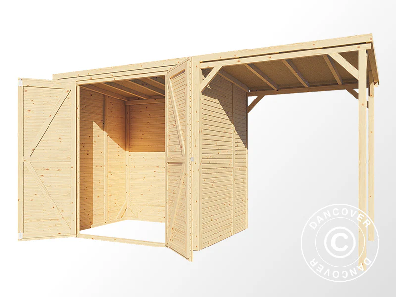 Redskapsbod i trä med överhäng, Bertilo Cubico 2Plus, 3,73x1,57x2,08m, 2,43m² + 3,37m², Naturlig - Image 4