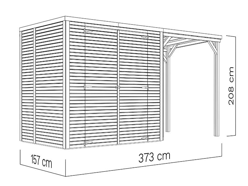 Redskapsbod i trä med överhäng, Bertilo Cubico 2Plus, 3,73x1,57x2,08m, 2,43m² + 3,37m², Naturlig - Image 5