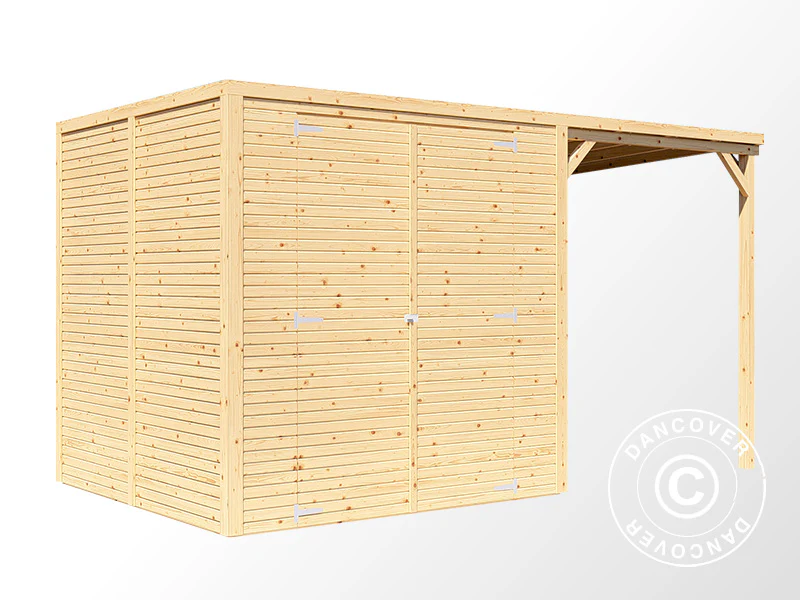 Redskapsbod i trä med överhäng, Bertilo Cubico 3Plus, 3,73x2,02x2,08m, 4,3m²+1,5m², Naturlig - Image 3