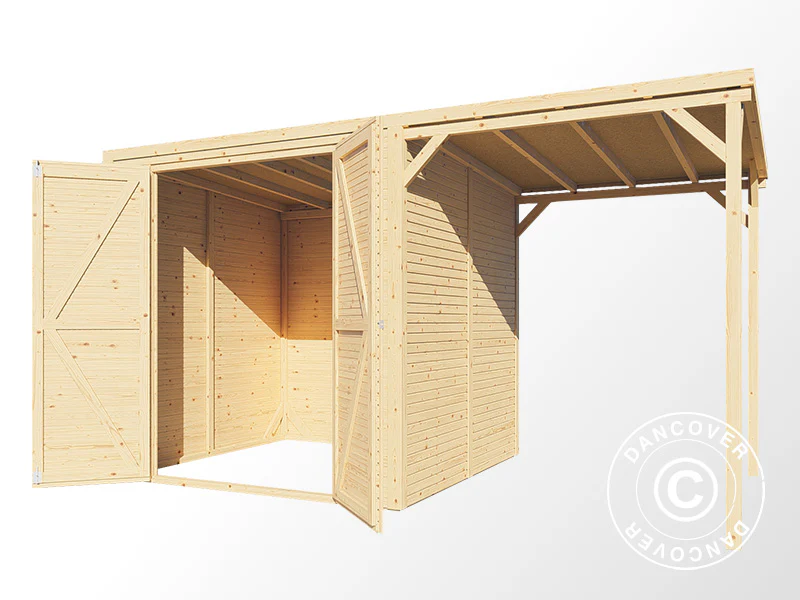 Redskapsbod i trä med överhäng, Bertilo Cubico 3Plus, 3,73x2,02x2,08m, 4,3m²+1,5m², Naturlig - Image 4