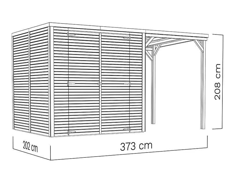 Redskapsbod i trä med överhäng, Bertilo Cubico 3Plus, 3,73x2,02x2,08m, 4,3m²+1,5m², Naturlig - Image 5
