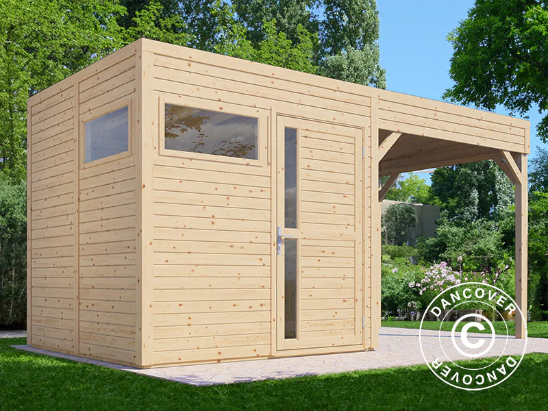 Redskapsbod i trä med överhäng, Bertilo Cubus 2L, 4,49x2,34x2,32m, 5,1m²+5,15m², Naturlig - Image 2