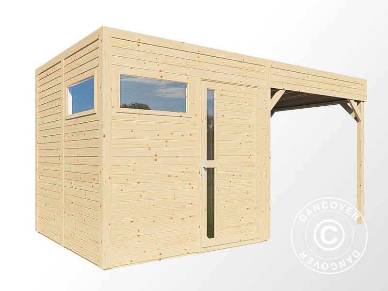 Redskapsbod i trä med överhäng, Bertilo Cubus 2L, 4,49x2,34x2,32m, 5,1m²+5,15m², Naturlig - Image 3