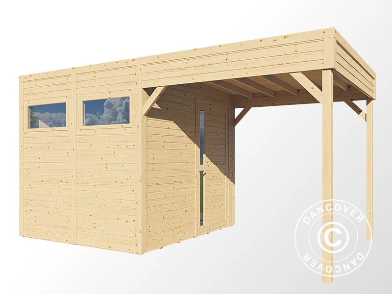 Redskapsbod i trä med överhäng, Bertilo Cubus 2L, 4,49x2,34x2,32m, 5,1m²+5,15m², Naturlig - Image 4