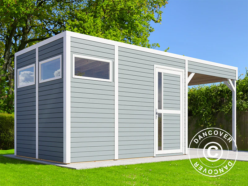 Redskapsbod i trä med överhäng, Bertilo Cubus 3L, 5,58x2,34x2,32m, 7,65m²+5,15m², Grå