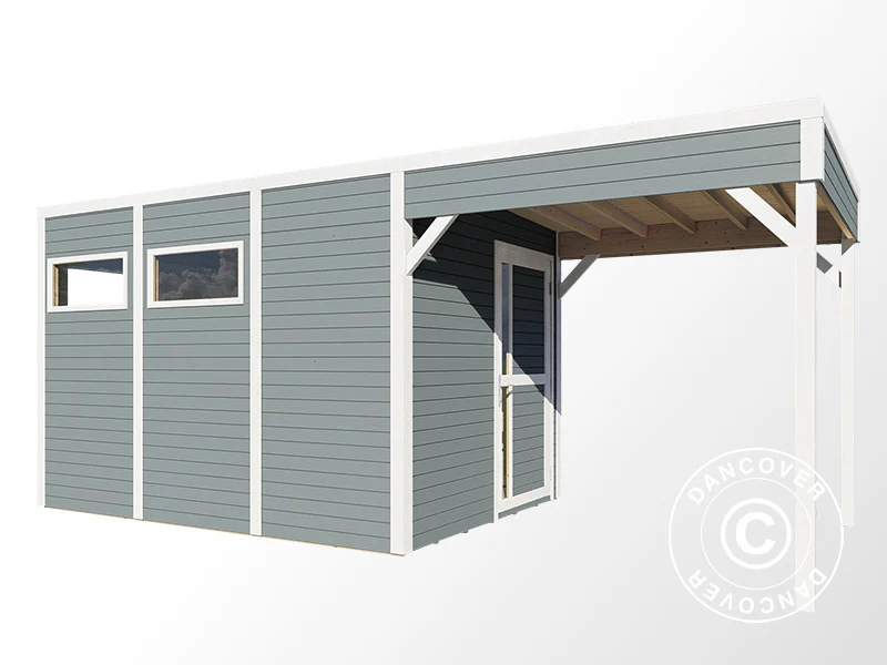 Redskapsbod i trä med överhäng, Bertilo Cubus 3L, 5,58x2,34x2,32m, 7,65m²+5,15m², Grå - Image 4