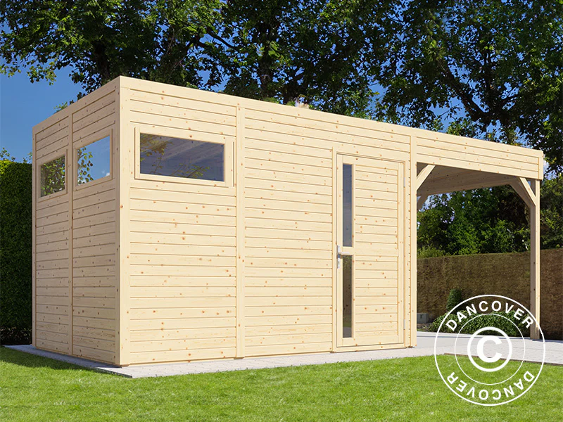 Redskapsbod i trä med överhäng, Bertilo Cubus 3L, 5,58x2,34x2,32m, 7,65m²+5,15m², Naturlig - Image 2
