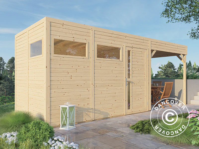 Redskapsbod i trä med överhäng, Bertilo Cubus 3L, 5,58x2,34x2,32m, 7,65m²+5,15m², Naturlig - Image 3