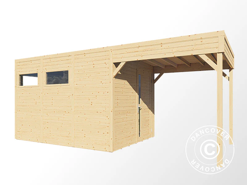 Redskapsbod i trä med överhäng, Bertilo Cubus 3L, 5,58x2,34x2,32m, 7,65m²+5,15m², Naturlig - Image 4
